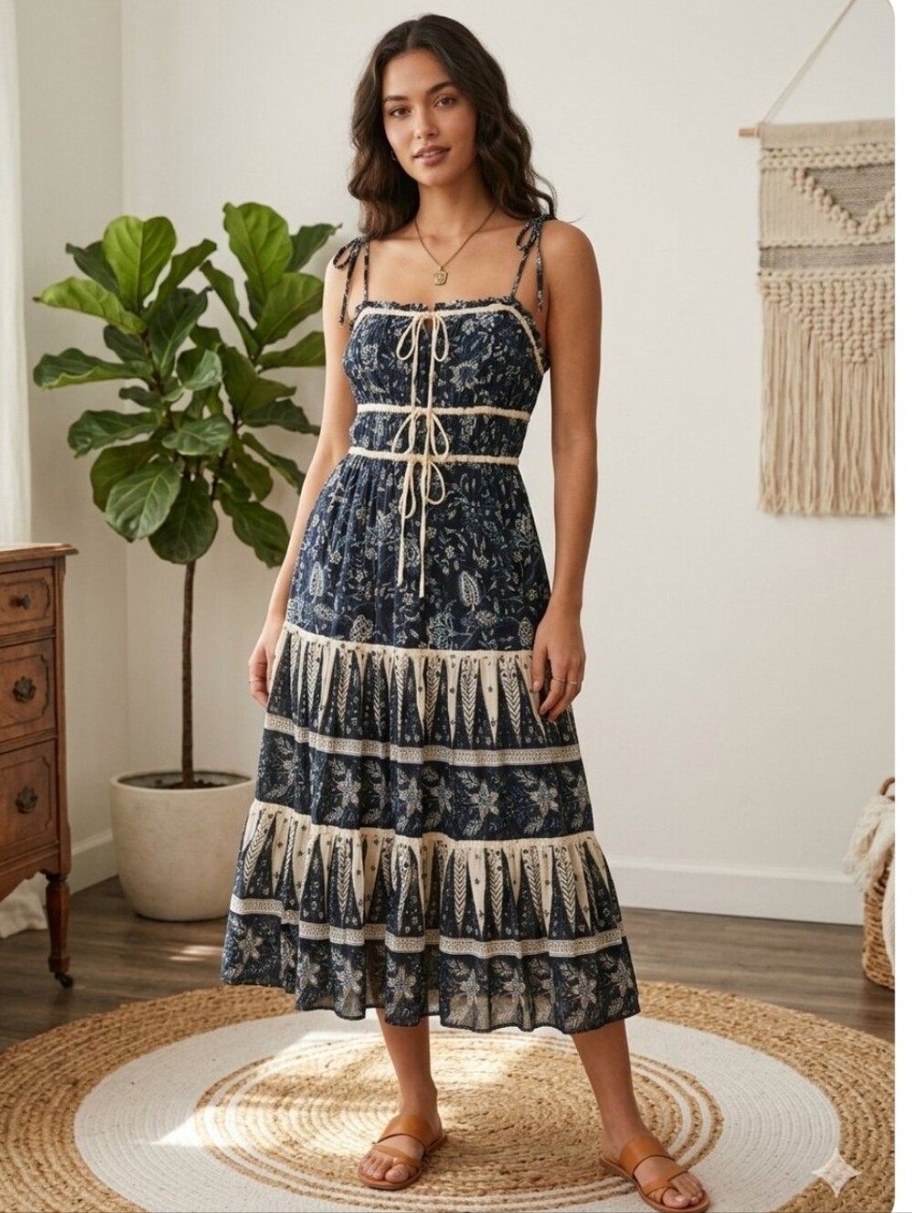 Christian Lacroix Navy Tiered Midi Dress Designer Boho Chic Folk Cottagecore S